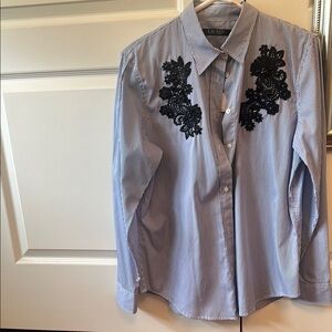 Lauren Blue Striped Shirt with Black Floral Embroidery